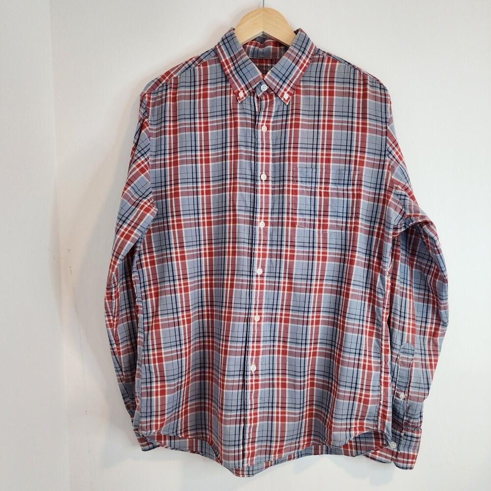 J Crew Mens Large Slim Fit Gray and Red Plaid Cotton Long Sleeve Button Shirt